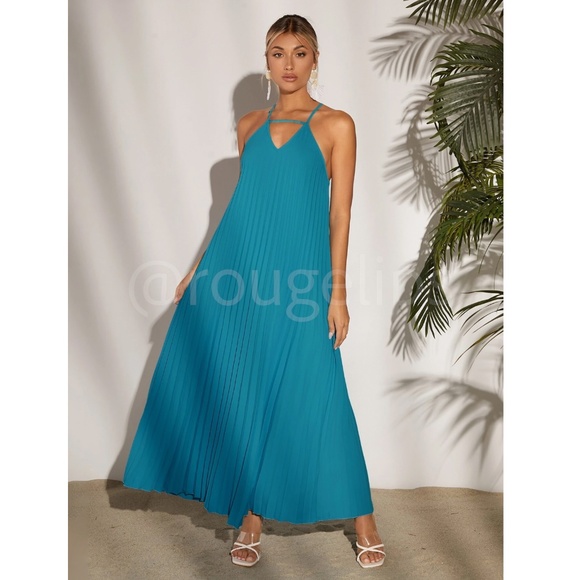 Blue Pleated A-Line Maxi Dress Criss Cross Back Straps - Picture 2 of 8